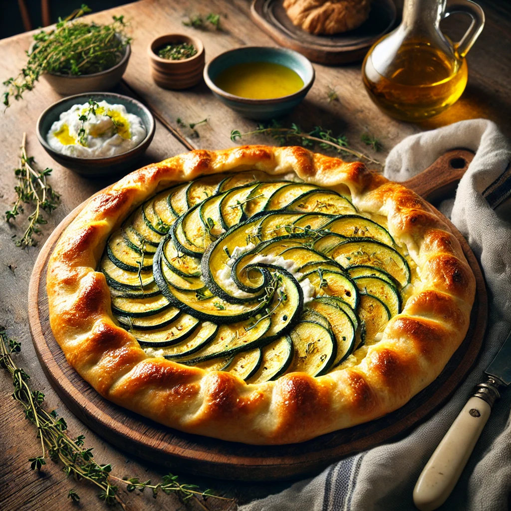 Courgette- en ricottagalette met een goudbruine, bladerdeegkorst, gevuld met romige ricotta en dunne courgetteplakken in een decoratief patroon, gegarneerd met verse tijm, geserveerd op een houten plank in een rustieke setting.