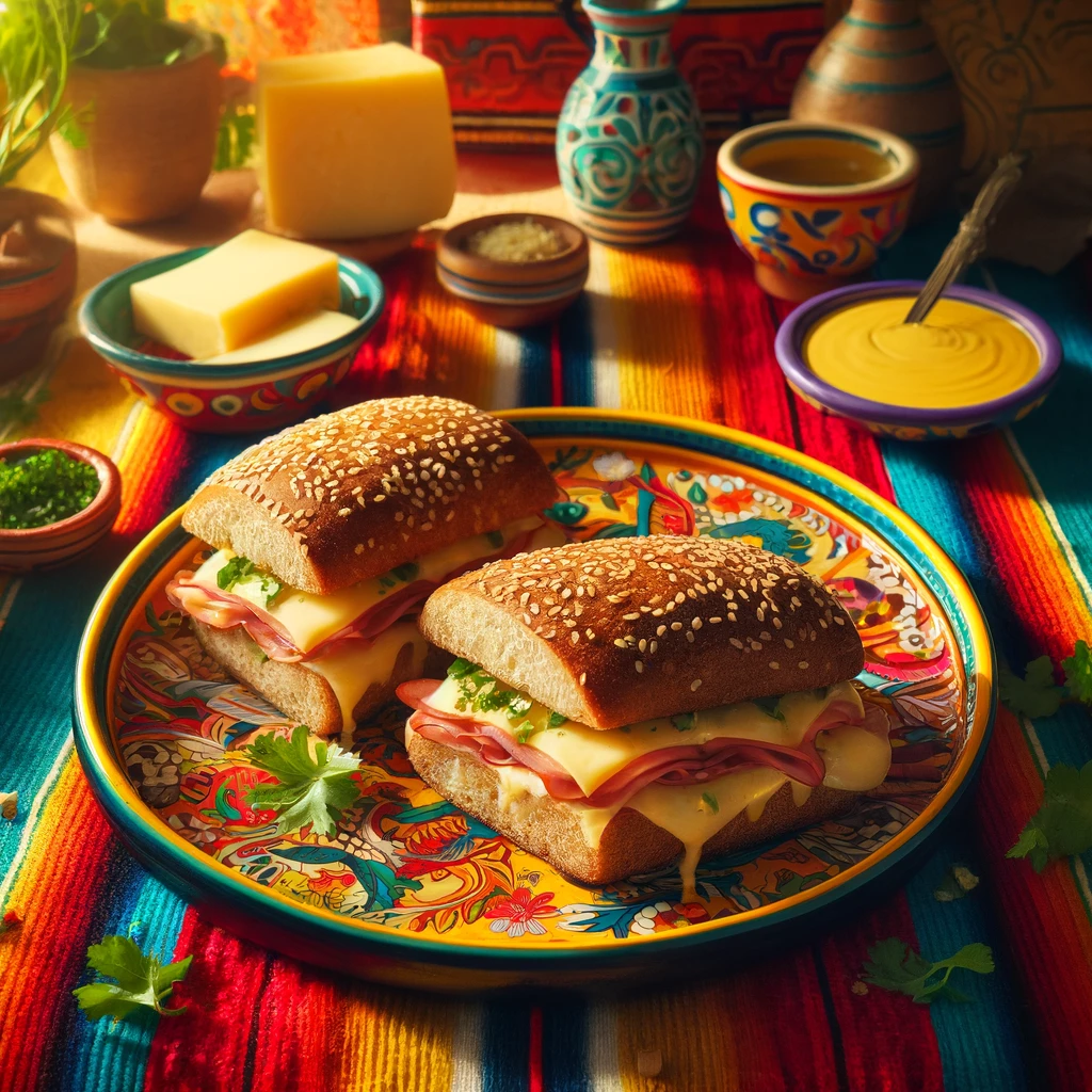 Twee Croque Papa sandwiches met sesam-volkorenbrood, gevuld met ham en romige kaassaus, goudbruin gegrild, geserveerd op een kleurrijk bord met Mexicaanse patronen, omringd door een schaaltje gesmolten kaas, verse kruiden en een glas witte wijn op een felgekleurd geweven tafelkleed.