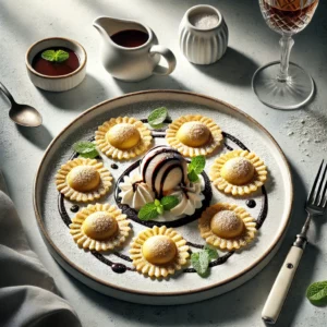 Driehoekige Bloedsinaasappel-Ricotta Ravioli met Vanille-ijs en Chocoladesaus