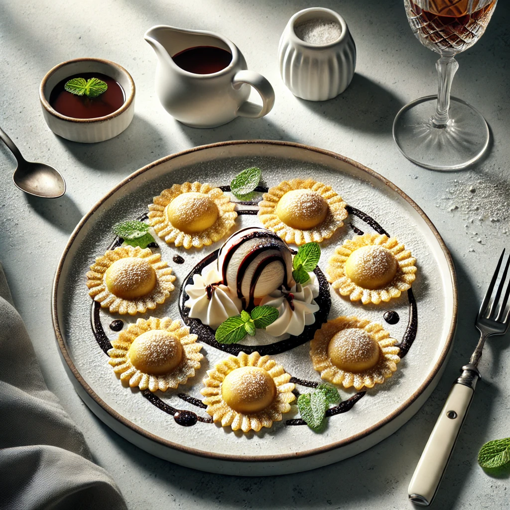 Driehoekige Bloedsinaasappel-Ricotta Ravioli met Vanille-ijs en Chocoladesaus