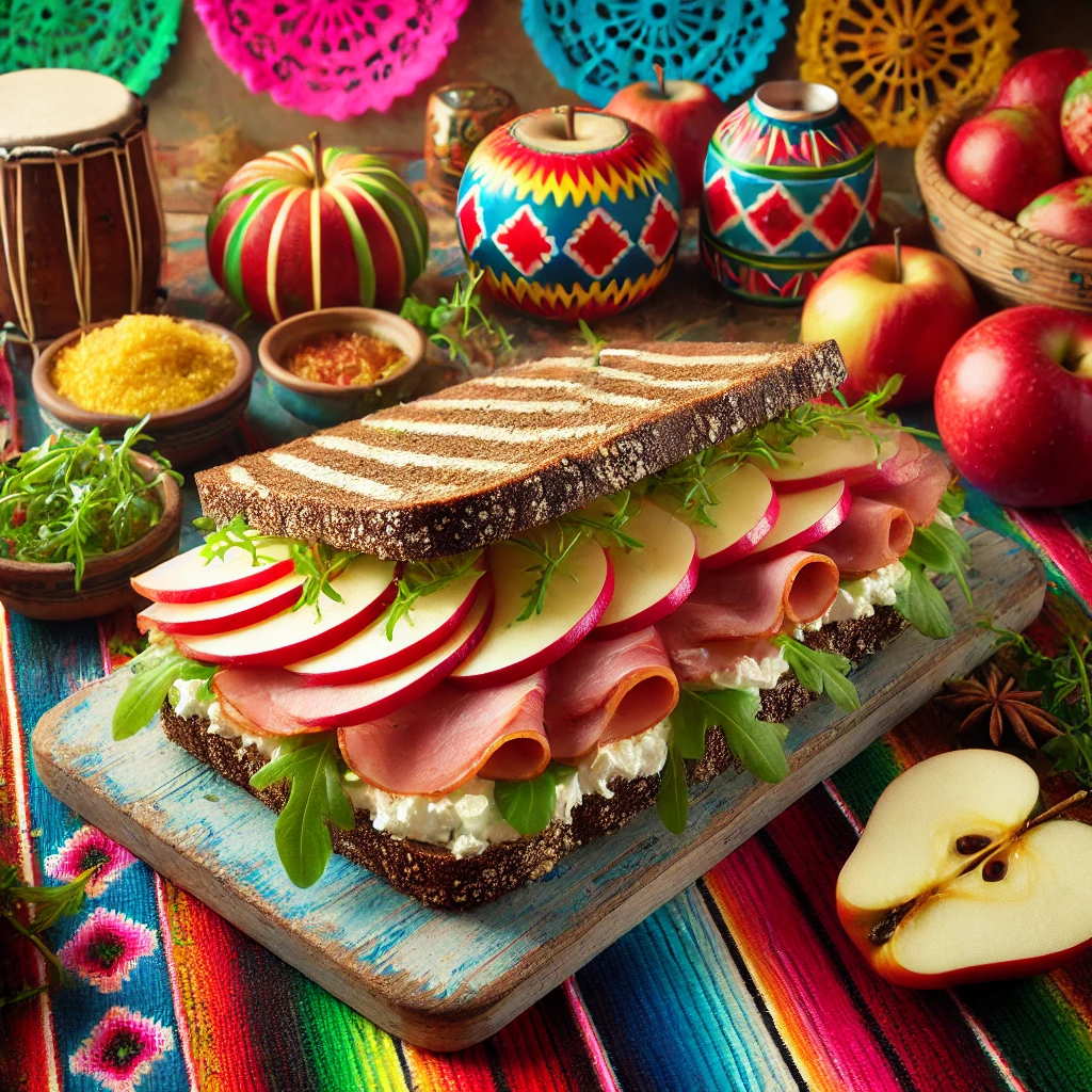 Een Duitse roggebroodsandwich gevuld met roomkaas, casselerrib, appel en rucola, gepresenteerd op een kleurrijke Mexicaans geïnspireerde tafel.