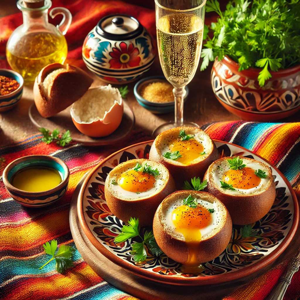 Bruine bollen gevuld met gebakken eieren, gegarneerd met verse peterselie, geserveerd op een kleurrijk bord met Mexicaanse patronen, omringd door schaaltjes olijfolie, peterselie en een glas mousserende Prosecco, op een felgekleurd Mexicaans tafelkleed.