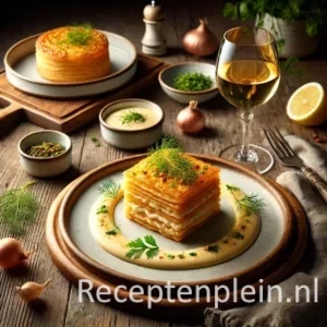 Gourmet gerecht op een rustieke houten tafel: een verfijnde tongtompouce met romige Noilly Prat-saus, gegarneerd met verse kruiden, omringd door citroen, sjalot en een elegant glas witte vermout.