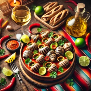 Een luxueus gerecht van escargots à la Bourguigonne, gepresenteerd in een Mexicaanse stijl. De slakken zijn gevuld met geurige kruidenboter en geplaatst in een rustieke schaal. De presentatie bevat kleurrijke Mexicaanse elementen zoals een felgekleurd tafelkleed, limoenpartjes en decoratieve chilipepers. Er staat een glas witte wijn en een mandje stokbrood naast het gerecht, verlicht door helder natuurlijk licht dat de warme en uitnodigende uitstraling benadrukt.