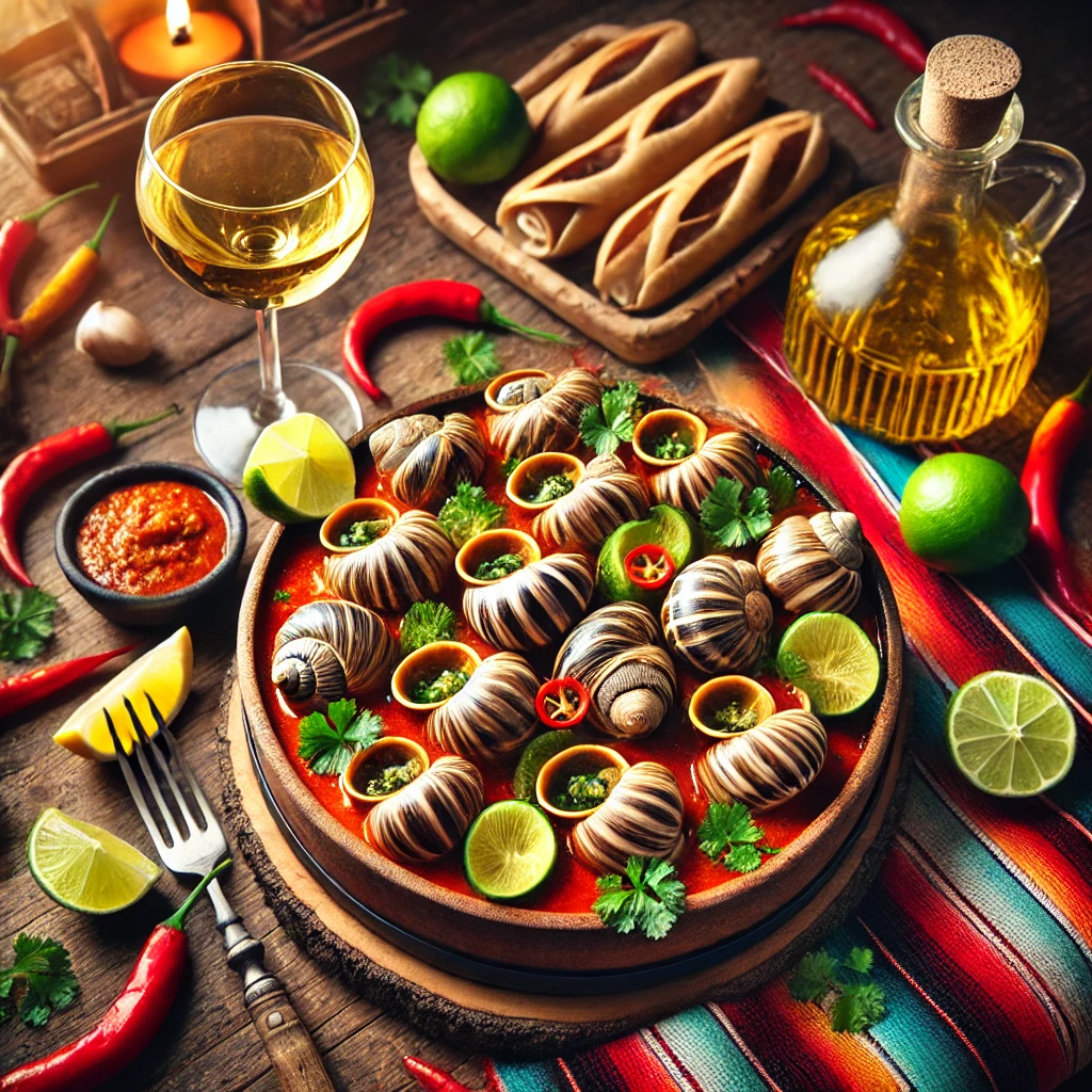 Een luxueus gerecht van escargots à la Bourguigonne, gepresenteerd in een Mexicaanse stijl. De slakken zijn gevuld met geurige kruidenboter en geplaatst in een rustieke schaal. De presentatie bevat kleurrijke Mexicaanse elementen zoals een felgekleurd tafelkleed, limoenpartjes en decoratieve chilipepers. Er staat een glas witte wijn en een mandje stokbrood naast het gerecht, verlicht door helder natuurlijk licht dat de warme en uitnodigende uitstraling benadrukt.