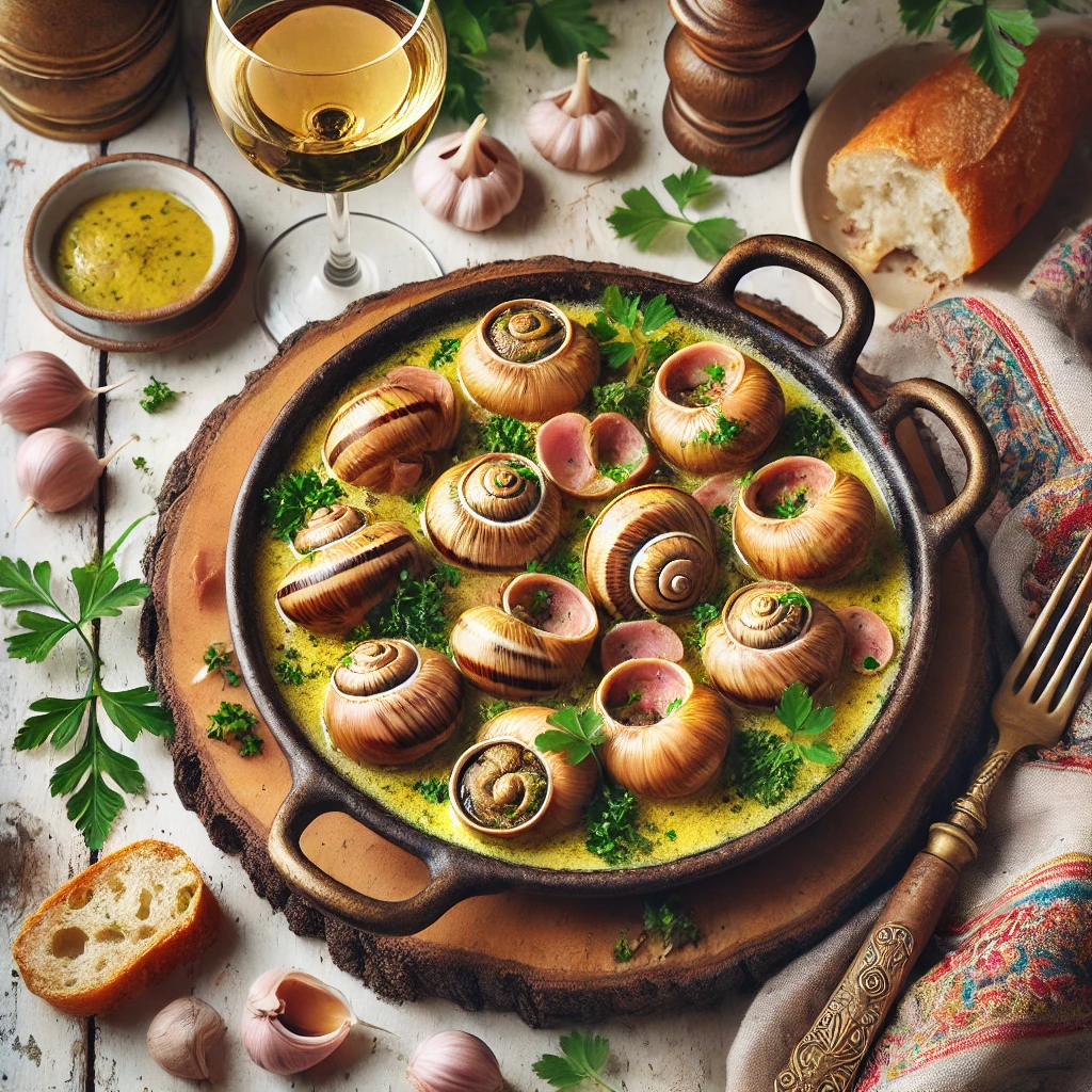 Een elegante en luxueuze presentatie van escargots à la Cauderan, geserveerd in een rustiek gerecht. De wijngaardslakken liggen in een rijke saus van boter, sjalotten, ham en witte wijn, gegarneerd met verse peterselie. De setting bevat een kleurrijk tafelkleed, een glas witte wijn, een stuk knapperig brood en een vork, verlicht door helder natuurlijk licht om de verfijnde en uitnodigende uitstraling te benadrukken.