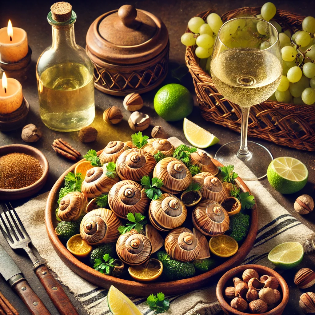 Een luxueus gerecht van Escargots à la Chablis, gepresenteerd in een kleurrijke Mexicaanse stijl. De wijngaardslakken zijn bereid in een rijke saus van champignons, Chablis-wijn, hazelnoten en rozijnen, geserveerd in rustieke schaaltjes. Het gerecht wordt omringd door een felgekleurd Mexicaans tafelkleed, limoenpartjes, een glas witte wijn en een schaaltje glutenvrij stokbrood, verlicht door helder natuurlijk licht dat de levendige en uitnodigende uitstraling benadrukt.
