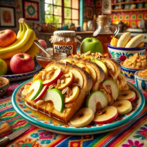 Feestelijke paasbrood tosti, goudbruin gebakken en gevuld met amandelspijs en dunne plakjes appel of banaan, geserveerd op een kleurrijk bord met een decoratie van honing en verse fruitschijfjes.