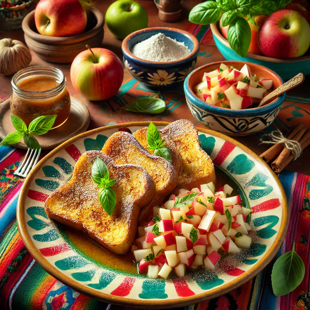 Paasbrood wentelteefjes, goudbruin gebakken en bestrooid met poedersuiker, geserveerd met een frisse appelsalsa met basilicum, op een kleurrijk bord met vers fruit en basilicumblaadjes als decoratie.