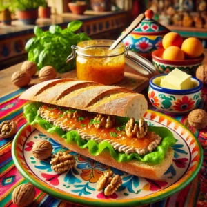 Frans stokbrood met walnootpaté, gevuld met verse lollo verte sla, plakjes grove paté, en een romige notenboter met abrikozenjam en b
