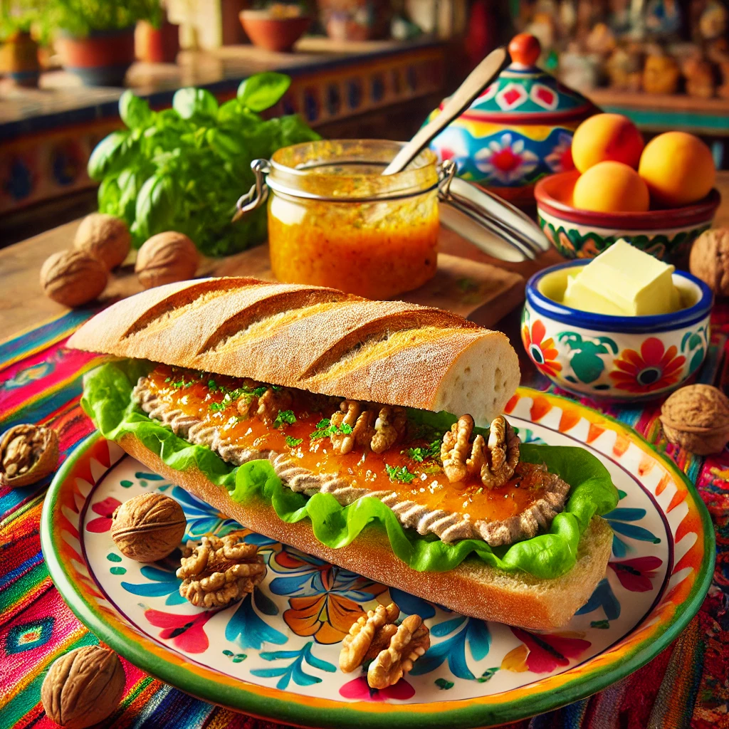 Frans stokbrood met walnootpaté, gevuld met verse lollo verte sla, plakjes grove paté, en een romige notenboter met abrikozenjam en b