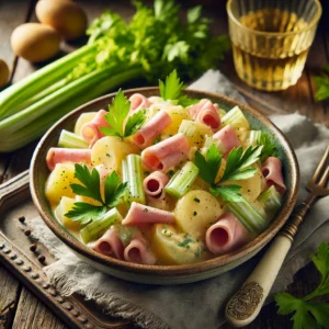 Een rustieke en uitnodigende presentatie van een Franse aardappelsalade met ham en bleekselderij. Het gerecht bestaat uit aardappelschijfjes, dunne bleekselderijringen en hamreepjes, gemengd met een romige dressing van slagroom, citroensap en crème fraîche. De salade is gegarneerd met selderijblad en geserveerd in een elegante keramieken schaal op een rustieke houten tafel. De setting bevat verse bleekselderij, een linnen servet en een glas witte wijn, alles verlicht door zacht, natuurlijk licht.