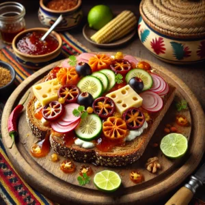 Een kleurrijk gerecht van Friese roggebrood met kersenjam en hüttenkäse, gepresenteerd met een Mexicaanse twist. Het roggebrood is rijkelijk besmeerd met kersenjam en romige hüttenkäse, gegarneerd met verse kersen, muntblaadjes, en een vleugje chili poeder. Het gerecht ligt op een rustiek houten bord met een kleurrijk Mexicaans tafelkleed, decoratieve limoenpartjes, en een kopje koffie in traditionele Mexicaanse stijl, verlicht door helder natuurlijk licht.