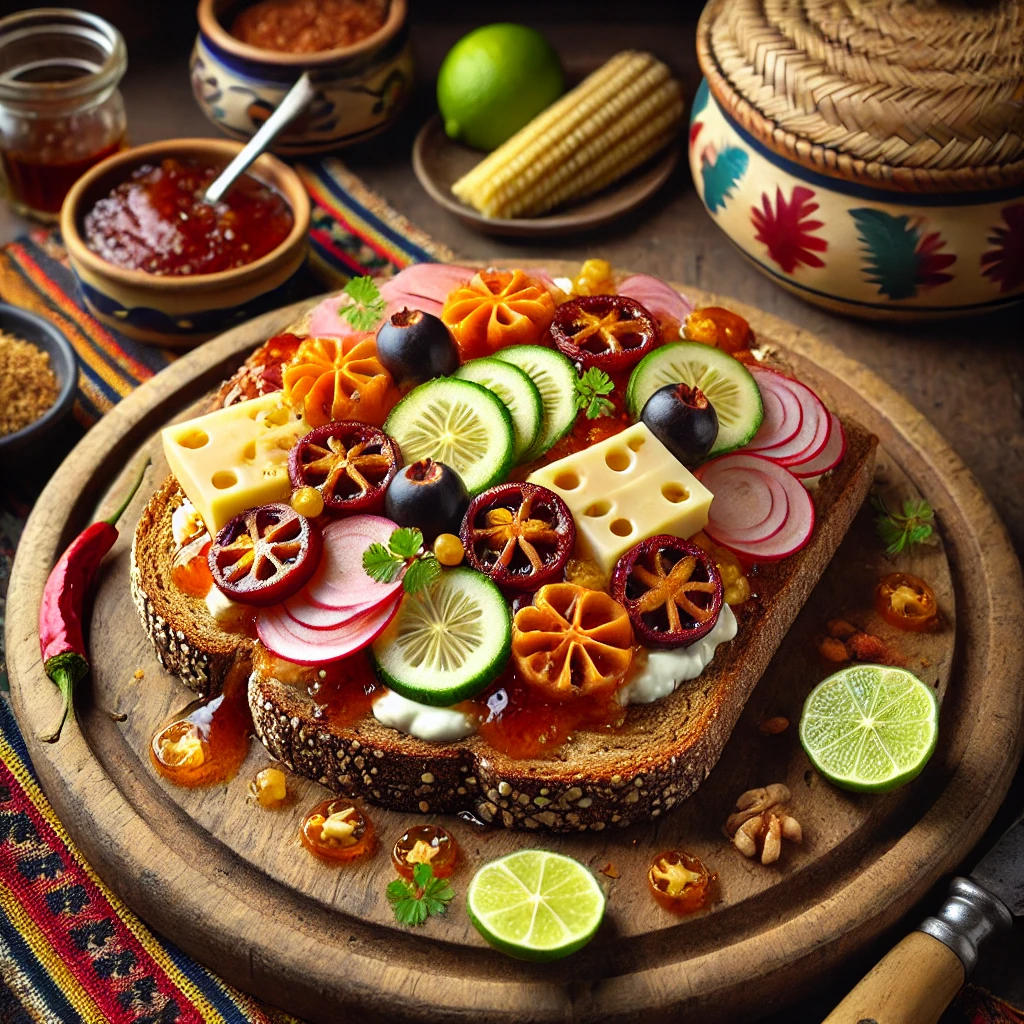 Een kleurrijk gerecht van Friese roggebrood met kersenjam en hüttenkäse, gepresenteerd met een Mexicaanse twist. Het roggebrood is rijkelijk besmeerd met kersenjam en romige hüttenkäse, gegarneerd met verse kersen, muntblaadjes, en een vleugje chili poeder. Het gerecht ligt op een rustiek houten bord met een kleurrijk Mexicaans tafelkleed, decoratieve limoenpartjes, en een kopje koffie in traditionele Mexicaanse stijl, verlicht door helder natuurlijk licht.