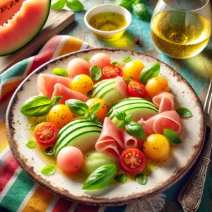 Een levendige en frisse presentatie van frisse meloensalade met Coburger ham, geserveerd op een rustiek bord. De salade bevat kleurrijke meloenbolletjes, plakjes Coburger ham en verse basilicumblaadjes, licht besprenkeld met olijfolie en citroensap. De setting bevat een kleurrijk tafelkleed, een klein schaaltje met extra dressing en een glas gekoelde witte wijn, verlicht door helder natuurlijk licht om de zomerse en uitnodigende uitstraling te benadrukken.