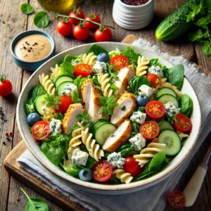 A vibrant and colorful presentation of a fresh pasta salad with tender chicken pieces, crumbled gorgonzola cheese, mixed greens, cherry tomatoes, cucumber slices, and a light vinaigrette dressing, beautifully arranged in a modern white bowl on a rustic wooden table with fresh herbs and a refreshing summer ambiance.