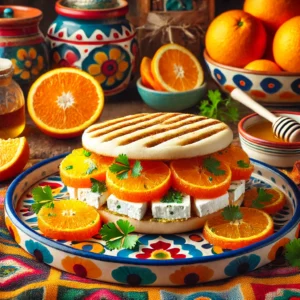 Fruitige geitenkaas panini, gemaakt van een knapperig gebakken krentenbol, gevuld met dunne plakjes geitenkaas en partjes sinaasappel, geserveerd op een kleurrijk bord met verse sinaasappelpartjes en korianderblaadjes als decoratie.