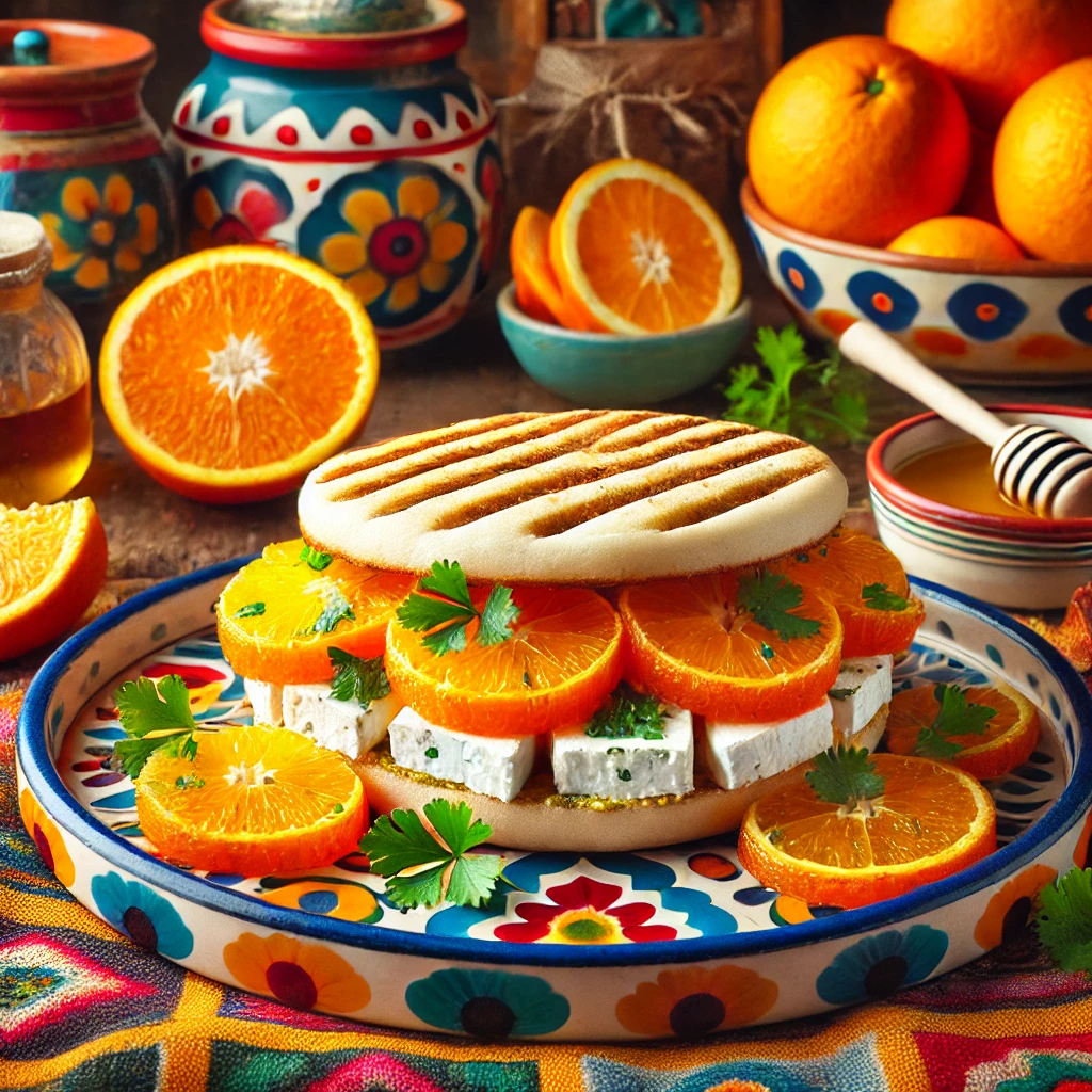 Fruitige geitenkaas panini, gemaakt van een knapperig gebakken krentenbol, gevuld met dunne plakjes geitenkaas en partjes sinaasappel, geserveerd op een kleurrijk bord met verse sinaasappelpartjes en korianderblaadjes als decoratie.