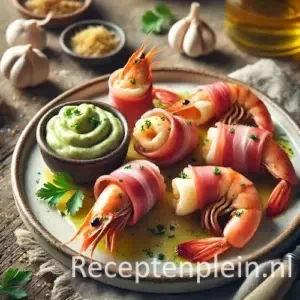 Gamba’s gewikkeld in ham met knoflook-peterseliepuree, geserveerd op houten tafel met kruiden als garnering.
