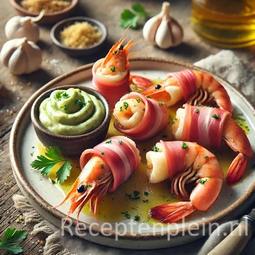 Gamba’s gewikkeld in ham met knoflook-peterseliepuree, geserveerd op houten tafel met kruiden als garnering.