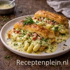 Gegratineerde asperges met dragon bearnaise in bladerdeeg op rustieke houten tafel