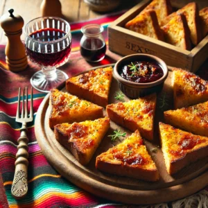 Een gezellige en uitnodigende scène met gegratineerde portdriehoekjes geserveerd op een rustieke houten plank. De goudbruine driehoekjes zijn gemaakt van geroosterd volkorenbrood, belegd met een rijke port- en kaaslaag, en gegarneerd met een vleugje kruiden. De setting bevat een kleurrijk Mexicaans tafelkleed, een klein glas rode port en een vork, verlicht door helder natuurlijk licht om de rijke en smakelijke uitstraling te benadrukken.