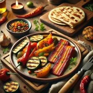 Krokant gegrild Breydelspek geserveerd met een kleurrijke mix van gegrilde groenten zoals paprika, courgette en wortel, vergezeld van chapati platbrood. Afgewerkt met verse kruiden op een keramisch bord, geplaatst op een rustieke houten tafel in warm natuurlijk licht.