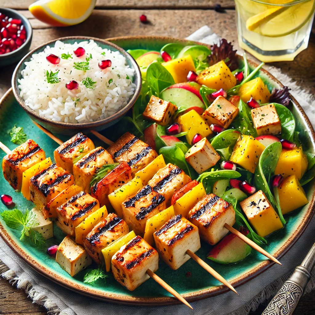 Een levendige en kleurrijke presentatie van gegrilde kip-tofu spiesjes met een frisse fruitige salade en basmatirijst. De spiesjes bevatten gegrilde kip- en tofu-stukjes, licht gekarameliseerd en geglazuurd, geserveerd naast een heldere salade met gemengde sla, plakjes mango, granaatappelpitjes en een citrusdressing. Een portie luchtige basmatirijst ligt netjes op het bord naast de spiesjes. Het gerecht wordt geserveerd op een rustieke houten tafel met een verfrissend glas citroenwater, verlicht door helder natuurlijk licht om de zomerse en verse uitstraling te benadrukken, perfect voor een gezonde en smaakvolle maaltijd.