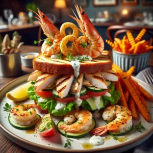 Gegrilde parelhoen- en scampi-clubsandwich met verse sla, tomaat, komkommerlinten en yoghurtdressing, geserveerd op artisanaal brood met zoete aardappelfriet en een schijfje citroen, gepresenteerd in een rustieke setting.