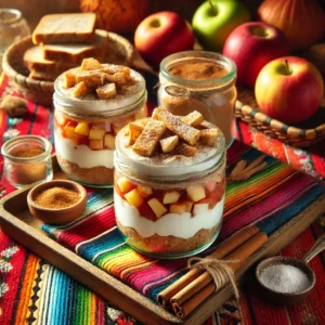Kaneelappel dessert in weckpotjes, gelaagd met geroosterd volkorenbrood, magere kwark en een kaneel-appelmengsel, afgetopt met poedersuiker, gepresenteerd op een houten dienblad, omringd door verse appels, kaneelstokjes en een schaaltje poedersuiker, op een kleurrijk Mexicaans tafelkleed.