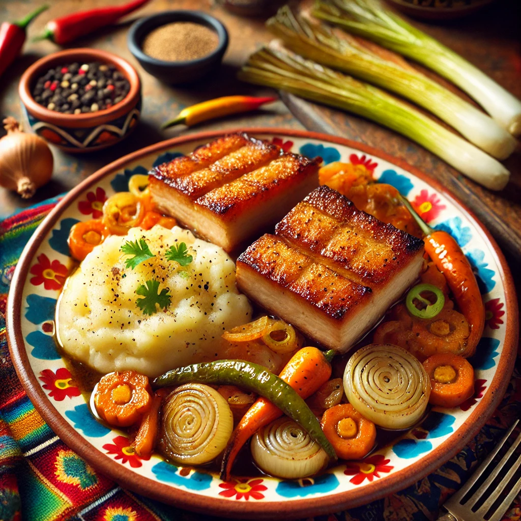 Gegrilde, gemarineerde speklapjes met een sherry- en ketjapmarinade, geserveerd bovenop een romige hutspot van aardappelen, wortelen en uien, met gebakken preiringen als bijgerecht. Een smaakvol en rijk gerecht met een krokant en sappig element.