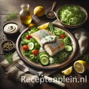 Een hyperrealistische foodfoto van gepocheerde zeebaarsfilet met romige dillesaus, geserveerd naast een frisse salade van gemengde sla, komkommer en cherrytomaten, op een donkere houten tafel met citroen en dille eromheen.