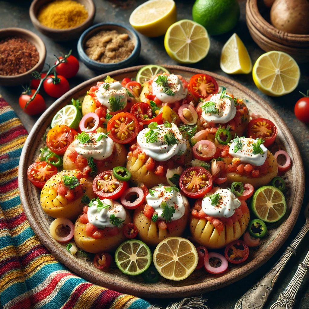 Een kleurrijk gerecht van gepofte aardappelen gevuld met een romige topping van crème fraîche, tomatenblokjes, dille, knoflook, geraspte kaas en bosuitjes. De aardappelen zijn goudbruin en knapperig, geplaatst op een rustieke schaal, omringd door een felgekleurd Mexicaans tafelkleed, limoenpartjes en een schaaltje met extra topping. Helder natuurlijk licht benadrukt de uitnodigende en levendige uitstraling.