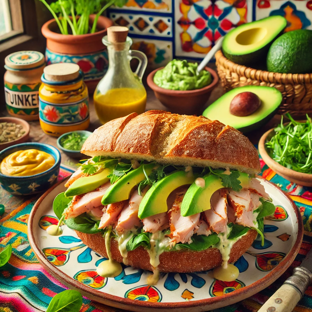 Sandwich met gerookte kipfilet, avocado, mosterdmayonaise en rucola, geserveerd op dikke plakken Frans boulebrood, op een kleurrijk bord met verse avocado en tuinkers als decoratie.