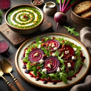 Geroosterde bietensalade met feta, knapperige spekjes en rucola, geserveerd naast een kom romige courgettesoep met een roomspiraal en verse dille, gepresenteerd in een warme, rustieke setting.