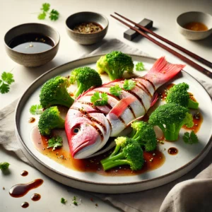 Gestoomde roodbaarsfilet, subtiel gegarneerd met koriander, geserveerd met gemarineerde broccoli en een lichte koriander-sojadressing, opgemaakt op een witte plaat in een minimalistische setting.