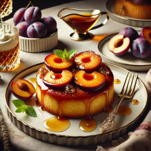 Een luxueuze en elegante presentatie van hemelse pruimencakejes, geserveerd op individuele dessertbordjes. De goudbruine cakejes zijn bedekt met een glazuur van ahornsiroop en gegarneerd met verse plakjes pruimen. De setting bevat een klein toefje crème fraîche, een scheutje extra siroop en een takje verse munt. De tafel is stijlvol gedekt met een klein schaaltje pruimencompote, een dessertvork en een glas dessertwijn, verlicht door helder natuurlijk licht om de feestelijke en indulgente uitstraling te benadrukken.