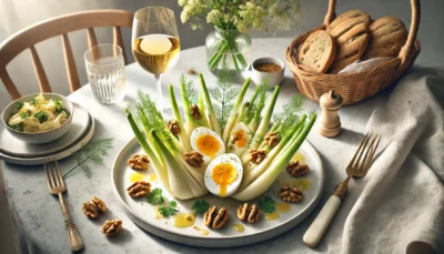 Een elegant gepresenteerde gestoomde venkelsalade met walnootvinaigrette, gegarneerd met geroosterde walnoten, stukjes ei, peterselie en venkelkruid, geserveerd op een lichte tafel met een glas Sauvignon Blanc en een broodmandje.