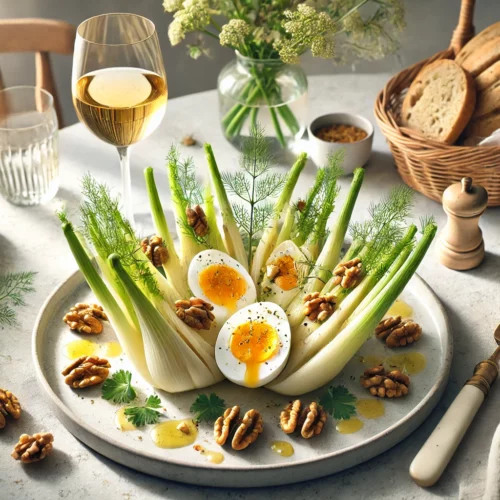 Een elegant gepresenteerde gestoomde venkelsalade met walnootvinaigrette, gegarneerd met geroosterde walnoten, stukjes ei, peterselie en venkelkruid, geserveerd op een lichte tafel met een glas Sauvignon Blanc en een broodmandje.
