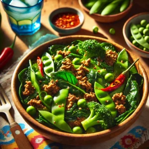 Een levendige en smakelijke scène met geurige gehaktroerbak met groene groenten, geserveerd in een rustieke kom. De roerbak bevat gehakt, heldergroene groenten zoals broccoli, peultjes en spinazie, allemaal bedekt met een smaakvolle saus. De setting bevat een kleurrijk tafelkleed, een klein schaaltje chilisaus, eetstokjes en een glas met ijswater, verlicht door helder natuurlijk licht om de verse en hartige uitstraling te benadrukken.