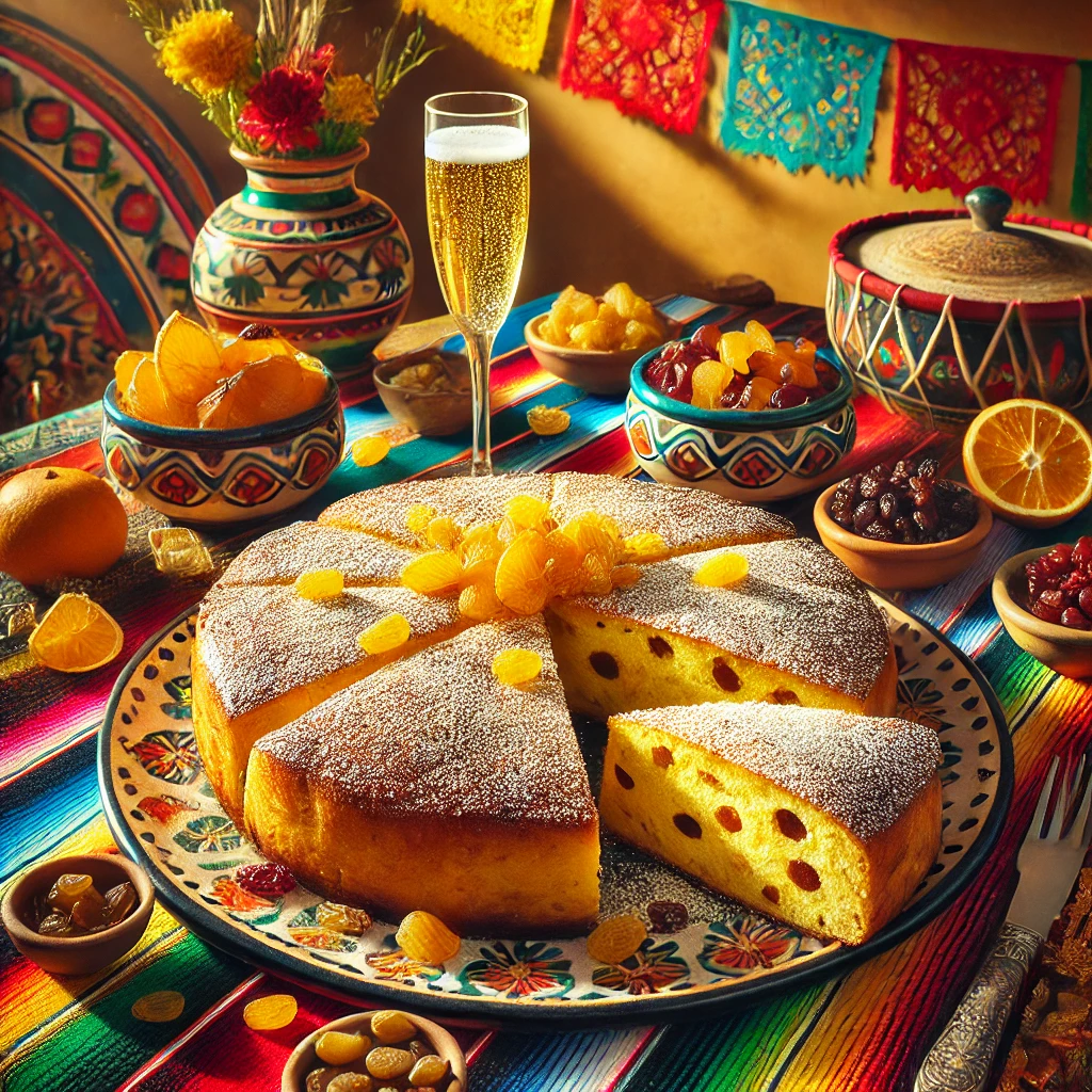Een kleurrijke Mexicaanse brunchsetting met een grote goudbruine broodpannenkoek, in punten gesneden en bestrooid met poedersuiker, geserveerd op een bord met Mexicaanse patronen, omringd door schaaltjes gedroogd fruit en een glas mousserende Prosecco op een felgekleurd geweven tafelkleed.