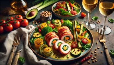 Een elegant gepresenteerd gerecht met romige gevulde kiprolletjes omwikkeld met krokant spek, geserveerd met seizoensgroenten en een frisse salade, opgemaakt op een stijlvolle tafel met een glas witte wijn.