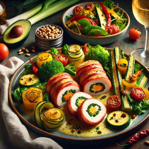 Een elegant gepresenteerd gerecht met romige gevulde kiprolletjes omwikkeld met krokant spek, geserveerd met seizoensgroenten en een frisse salade, opgemaakt op een stijlvolle tafel met een glas witte wijn.