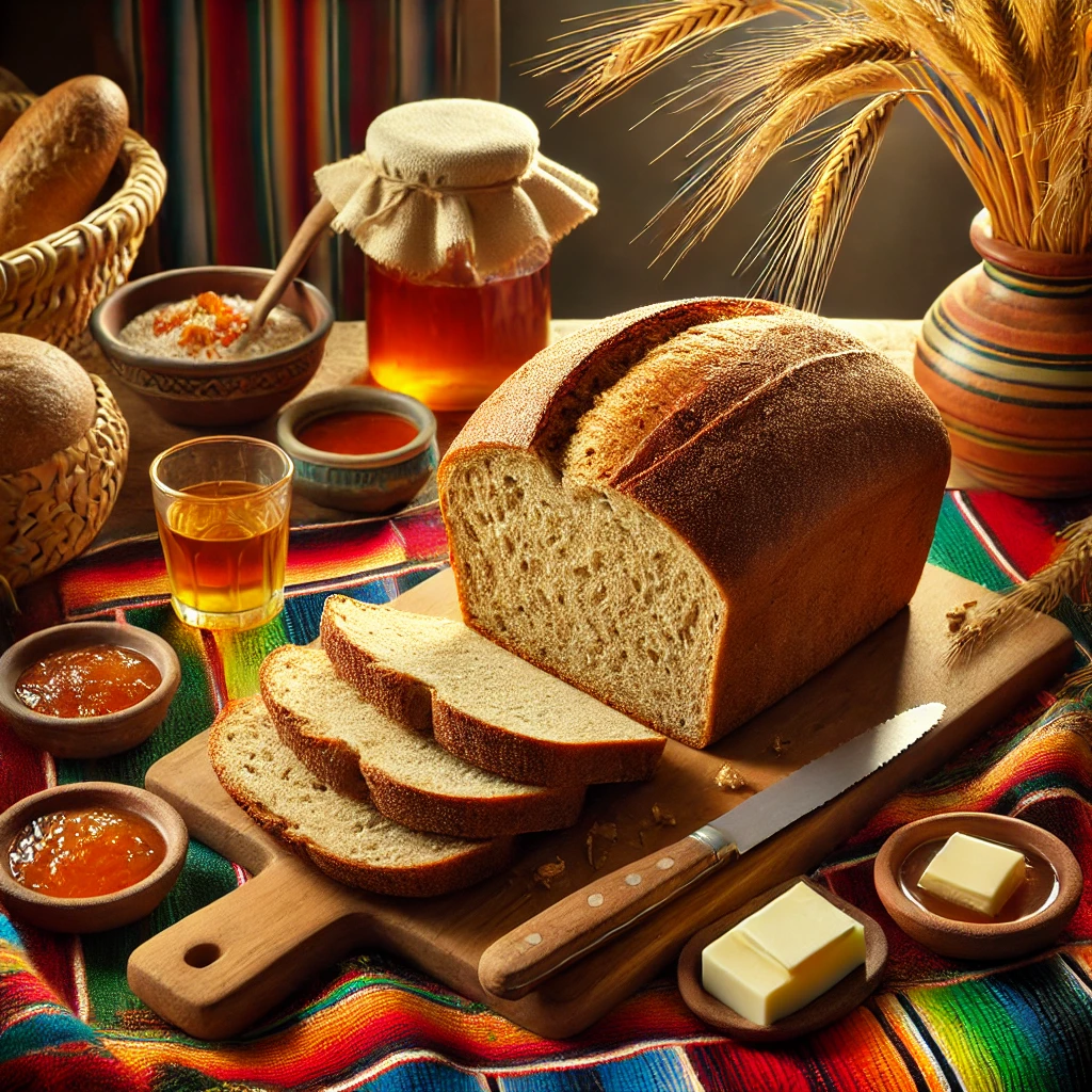Vers gebakken gezond bruinbrood, goudbruin met een stevige korst, geserveerd op een houten snijplank met enkele gesneden sneetjes, omringd door schaaltjes boter, honing en jam, decoratieve tarwearen en een klein potje olijfolie, geplaatst op een kleurrijk Mexicaans tafelkleed.