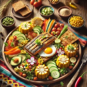 Een kleurrijk bord met een Mexicaanse twist op gezond maïsbrood, belegd met lichte roomkaas, losjes gevouwen plakjes rookvlees en frisse komkommerschijfjes. Het gerecht is aangevuld met felgekleurde sinaasappelschijfjes en aardbeien, gepresenteerd op een rustieke houten tafel met een Mexicaans tafelkleed en decoratieve kruiden. Helder natuurlijk licht benadrukt de frisse en uitnodigende uitstraling van het gerecht.