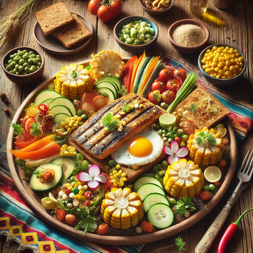 Een kleurrijk bord met een Mexicaanse twist op gezond maïsbrood, belegd met lichte roomkaas, losjes gevouwen plakjes rookvlees en frisse komkommerschijfjes. Het gerecht is aangevuld met felgekleurde sinaasappelschijfjes en aardbeien, gepresenteerd op een rustieke houten tafel met een Mexicaans tafelkleed en decoratieve kruiden. Helder natuurlijk licht benadrukt de frisse en uitnodigende uitstraling van het gerecht.