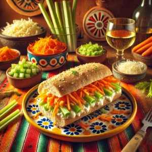 Meergranenbroodje gevuld met een romige selderij-wortelsalade en geraspte kaas, geserveerd op een kleurrijk bord met Mexicaanse patronen, omringd door schaaltjes geraspte kaas, selderij en wortel, naast een glas Sauvignon Blanc, op een felgekleurd Mexicaans tafelkleed.