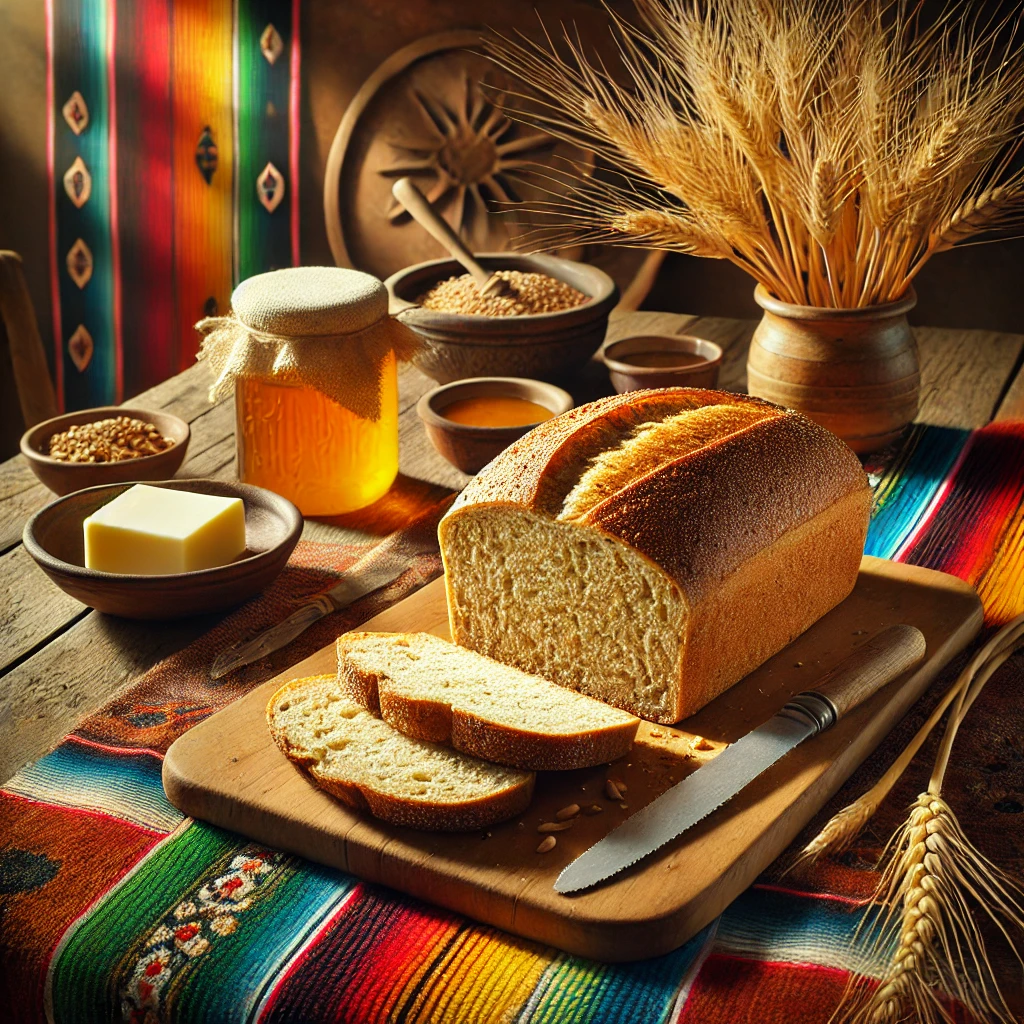 Vers gebakken volkorenbrood, goudbruin en met een stevige textuur, gepresenteerd op een houten snijplank, met enkele sneetjes gesneden, omringd door een schaaltje boter, een potje honing en decoratieve tarwearen, op een kleurrijk Mexicaans tafelkleed.