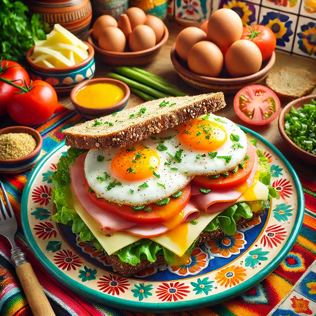 Hollandse uitsmijter met meergranenbrood, ham, tomaat, gebakken eieren, gesmolten kaas en verse bieslook, geserveerd op een kleurrijk bord met verse ingrediënten zoals tomaten en eieren ernaast.