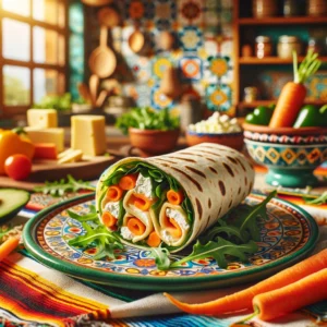 ezonde veggie wrap met smeuïge kaas, gevuld met rucola en worteljulienne, opgerold en schuin doorgesneden, geserveerd op een kleurrijk bord, met verse groenten als decoratie.